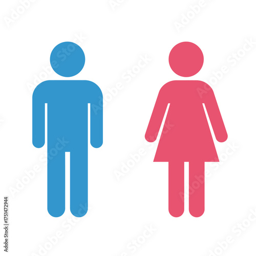 Simple blue male and pink female silhouettes icons representing gender or restroom signs isolated on white background Vector Illustration