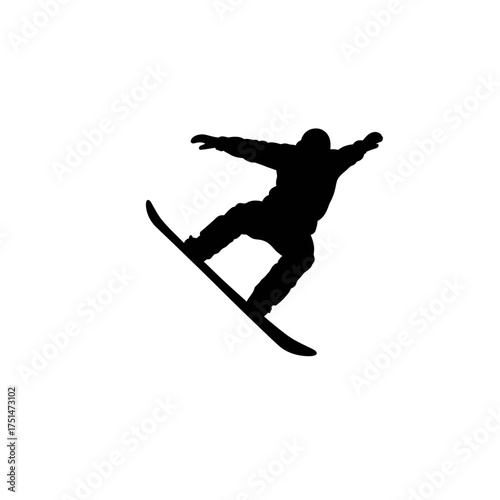 Dynamic silhouette of a snowboarder performing an aerial trick snowboarding action shot isolated on white background Vector Illustration
