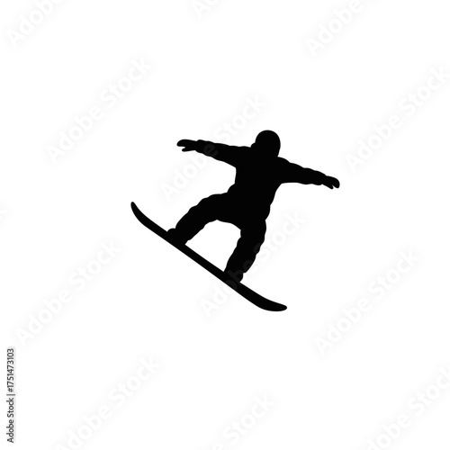 Silhouette of a snowboarder mid-air performing a jump on a snowy mountain isolated on white background Vector Illustration