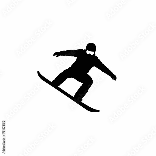 Dynamic silhouette of a snowboarder mid-air performing a jump with snowboard isolated on white background Vector Illustration