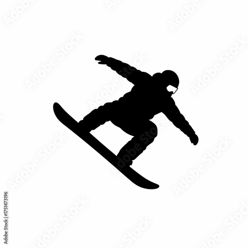 Dynamic silhouette of a snowboarder performing an aerial jump with snowboard in action isolated on white background Vector Illustration