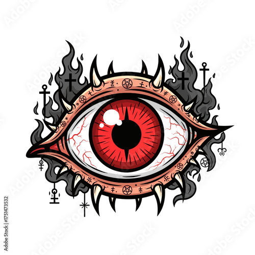 Evil Eye Vector with Flames, Crosses and Spikes Halloween Illustration
