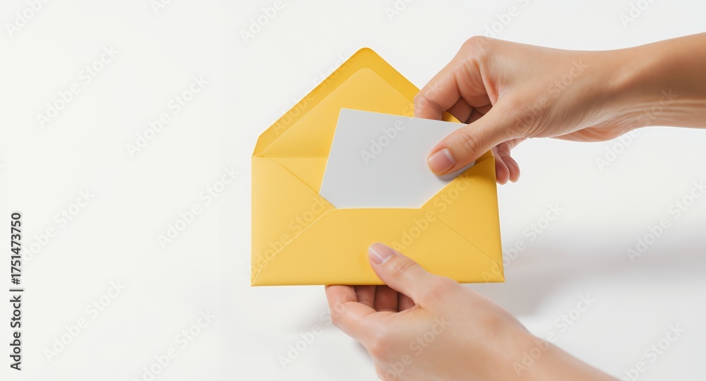Obraz premium Sending or Receiving a Note or Card in a Yellow Envelope on White Surface