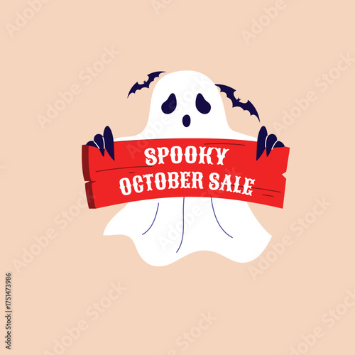 Spooky Ghost Holding a "Spooky October Sale" Sign, Bat Wing Accents, Halloween Season, Festive Design