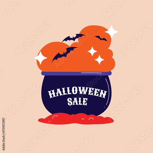 Spooktacular Halloween Sale Announcement featuring a Cauldron with Bats and Bubbles, Perfect for Promotions and Special Offers