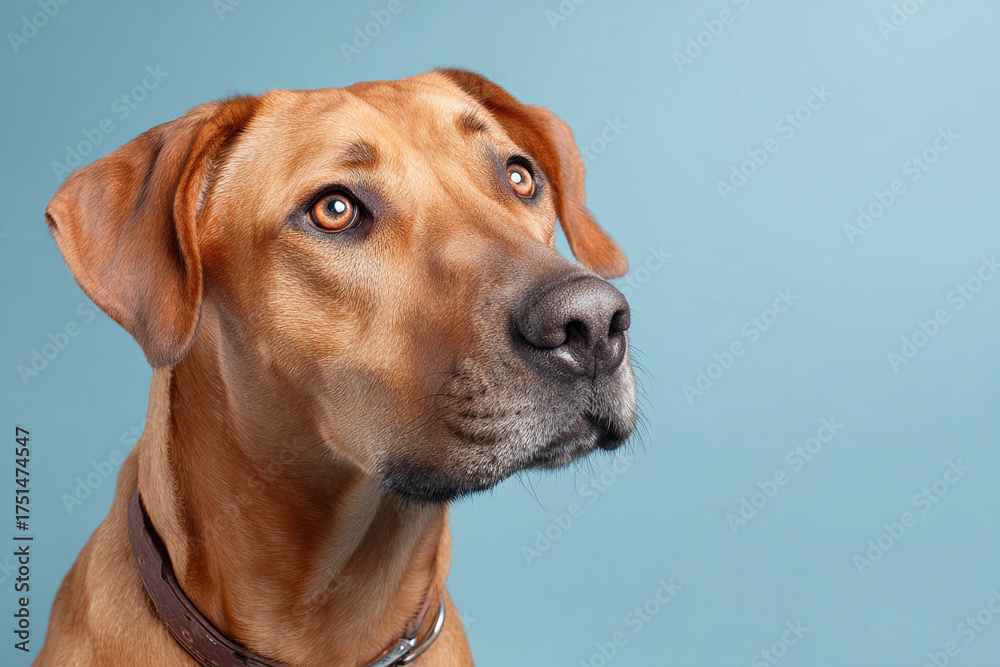 Obraz premium Close-up portrait of a brown dog with a collar on light blue background