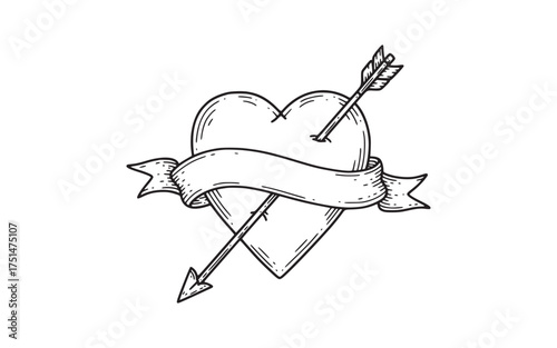 Hand-drawn Heart Illustration Pierced by Cupid's Arrow with Decorative Ribbon Banner Design
