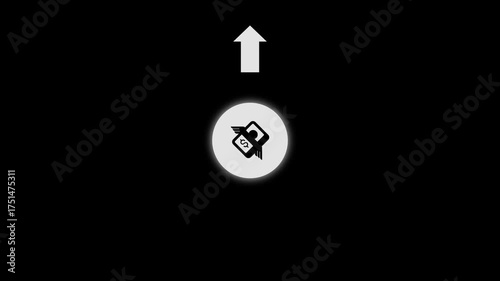 Black and white icon of a winged dollar bill inside a glowing circle with an upward arrow on a black background