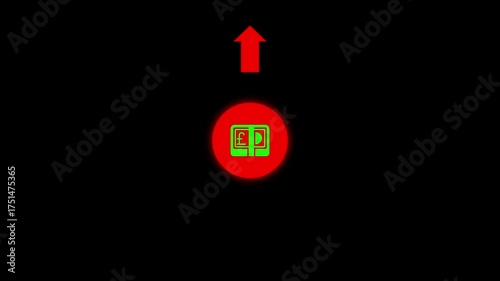 Red and green icon of stacked British pound notes inside a glowing red circle with a red upward arrow on a black background