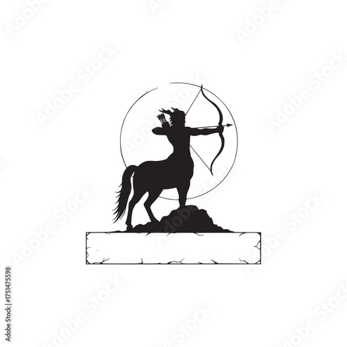 Majestic Black Silhouette of a Centaur Warrior Drawing a Bow against a Circular Frame