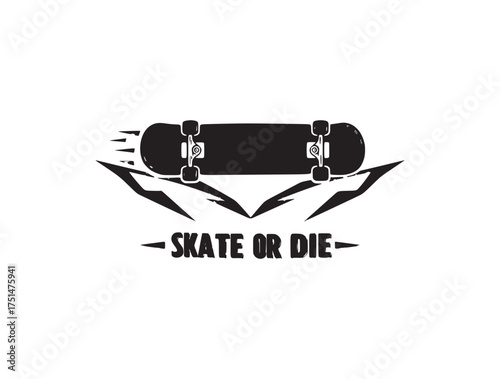 Bold Black and White Skateboard Graphic with 'Skate or Die' Text and Dynamic Speed Elements