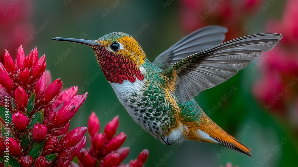 Fototapeta premium A hummingbird hovers near a red flower, its wings moving fast against a green background. 