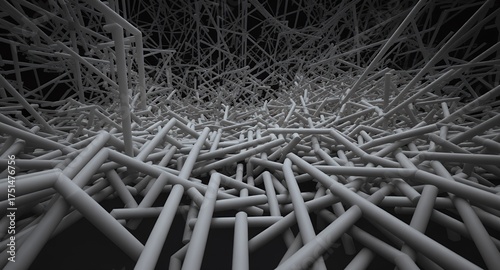 Abstract 3D Render of Interconnected White Cylindrical Structures on Dark Background, Representing Complex Networks, Data Flow, Technology, or Chaotic Systems. Intricate Geometric Pattern for Mod