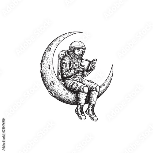 Vintage Engraving Style Illustration of an Astronaut Reading a Book on a Crescent Moon