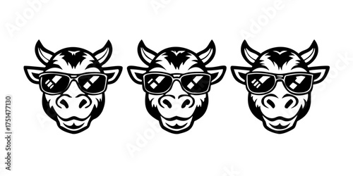 Cool Cow Head with Sunglasses - Black and White Vector Logo Illustrations Set