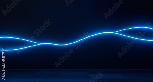 Abstract Blue Neon Wavy Light Line Glowing on Dark Background - Futuristic Energy Wave, Digital Data Flow, or Sound Signal Concept