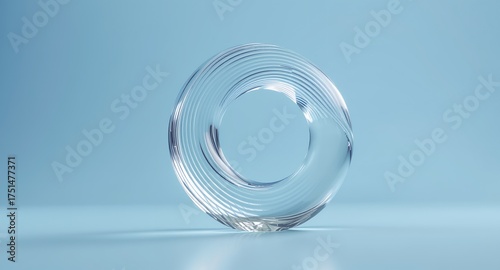 Abstract Clear Glass Torus Ring on Light Blue Background with Reflections and Refractions Modern Minimalist Geometric Transparent Object for Design, Science, and Technology Concepts