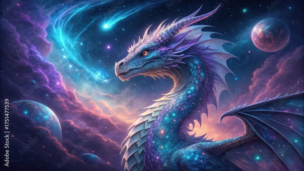 Obraz premium Majestic dragon soaring through a vibrant cosmic nebula