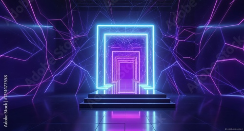 Abstract Digital Background Glowing Neon Light Portal with Reflective Platform and Polygonal Wireframe in Vibrant Sci-Fi Colors