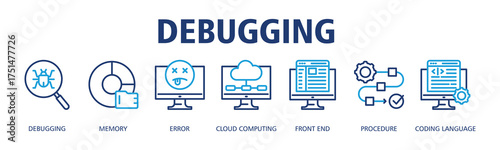 Debugging banner web icon vector illustration concept with icon of Debugging, Memory, Error, Cloud Computing, Front End, Procedure, Coding Language
