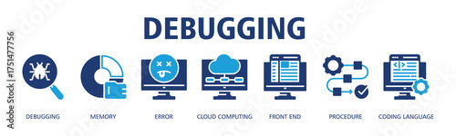 Debugging banner web icon vector illustration concept with icon of Debugging, Memory, Error, Cloud Computing, Front End, Procedure, Coding Language
