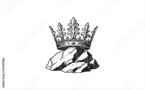 Hand-Drawn Majestic Royal Crown Resting Firmly on a Pile of Rugged Rocks