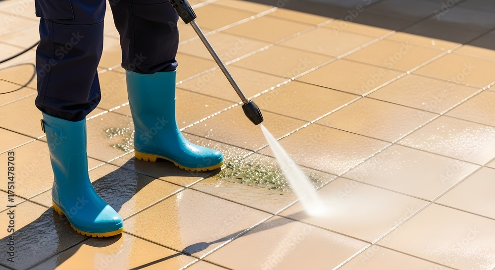 Fototapeta premium Cleaning Outdoor Tiles with High-Pressure Washer Efficient Power Washing on Patio