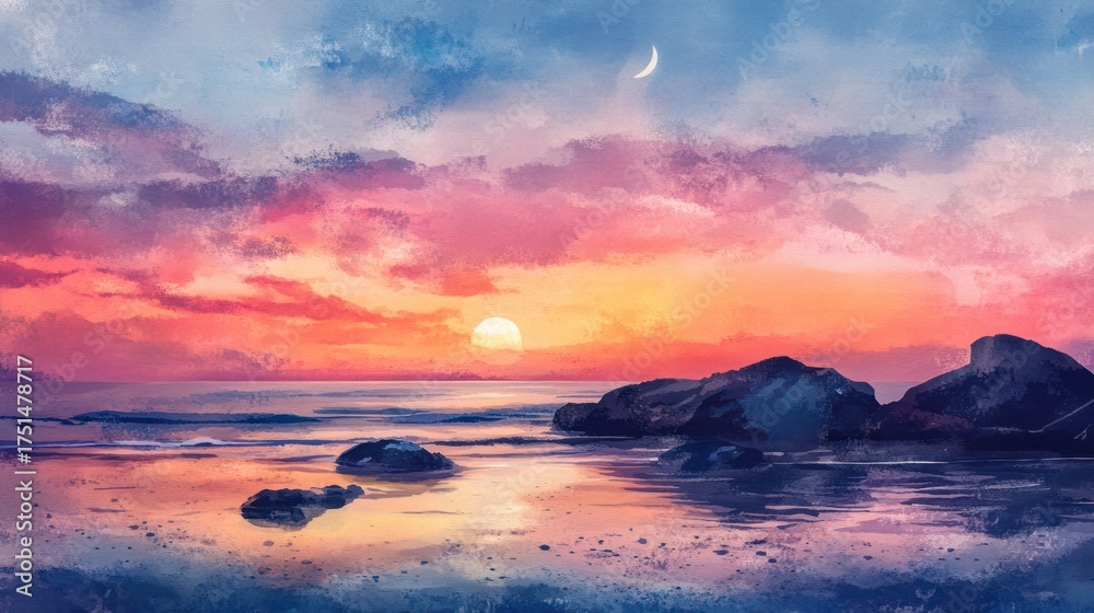 Obraz premium Colorful sunset over ocean rocks; peaceful seascape; digital painting; perfect for backgrounds, wallpapers, nature lovers