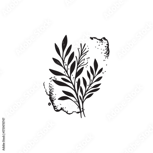Monochrome Botanical Illustration with Stylized Leaves and Abstract Ink Splatters