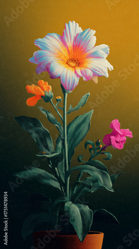 Vibrant still life oil painting blooming flowers in pot