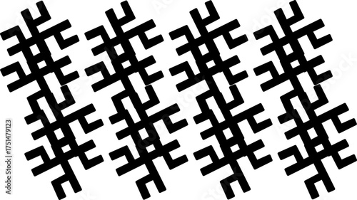 Abstract black and white geometric pattern with interlocking grid shapes forming a modern repetitive design. Perfect for wallpaper, fabric, and graphic backgrounds.
