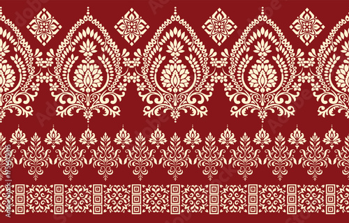 floral pattern vintage ethnic modern embroidery texture boho design vector illustration hand drawn pink flower motif branches leaves wallpaper seamless background border.	
