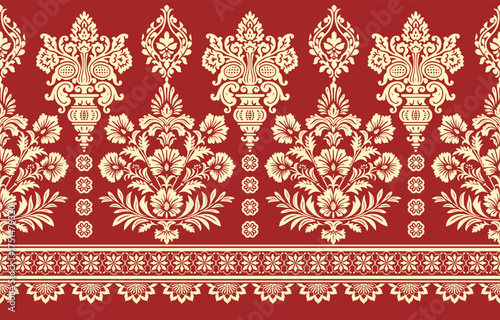 floral pattern vintage ethnic modern embroidery texture boho design vector illustration hand drawn pink flower motif branches leaves wallpaper seamless background border.	
