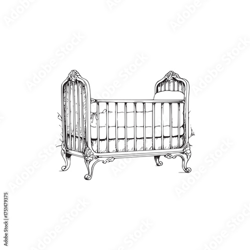 Elegant Vintage Ornate Baby Crib Hand-Drawn Sketch Illustration for Nursery Design