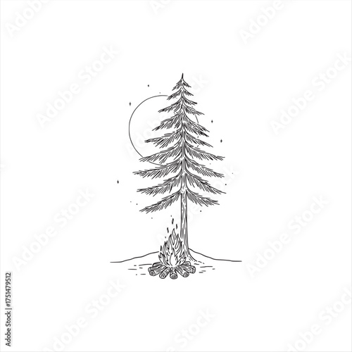 Hand-Drawn Minimalist Pine Tree and Bonfire Illustration Under a Starry Night Sky