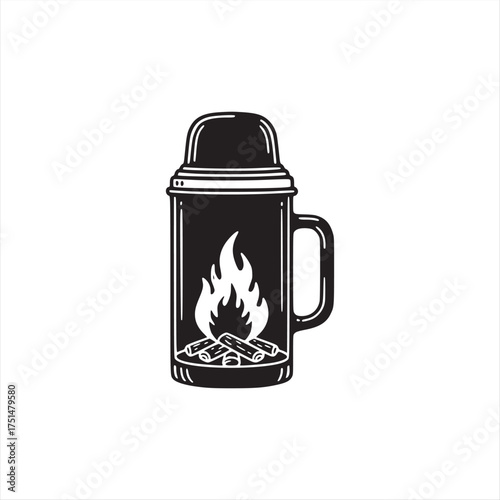 A Monochromatic Hand-Drawn Illustration of a Thermos with an Internal Campfire Design