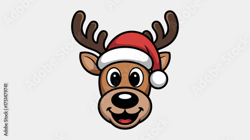 Cartoon reindeer head with antlers wearing a Santa hat