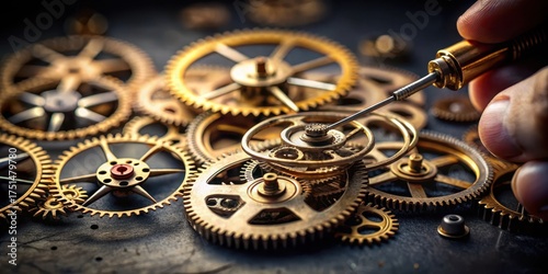 Intricate gears whirring softly against a dark background as skilled hands assemble a watch mechanism, timeless precision, gearwork