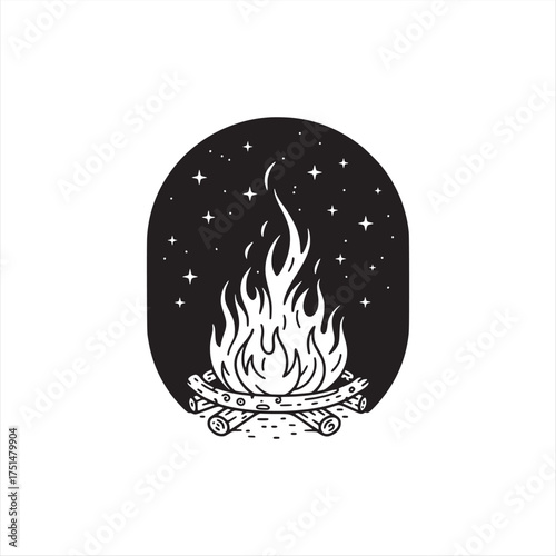Minimalist Black and White Campfire Illustration Under a Starry Night Sky