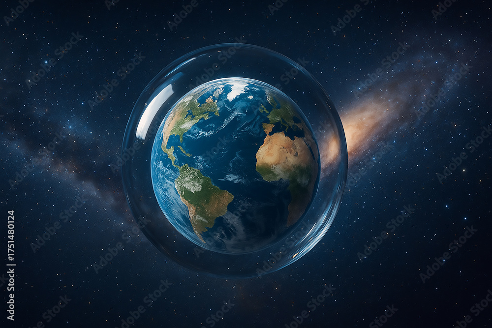 Obraz premium crystal glass sphere containing Earth, surrounded by a glowing cosmic universe background.