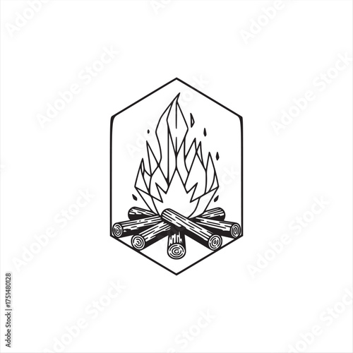 Monochrome Hand-Drawn Campfire Bonfire with Logs in a Hexagonal Frame Illustration