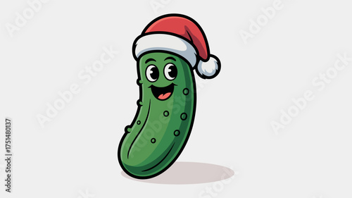 Green cartoon pickle with eyes and mouth wearing a Santa hat
