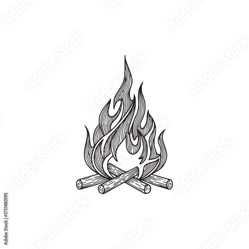 Vintage Engraving Style Illustration of a Campfire with Burning Logs and Flames