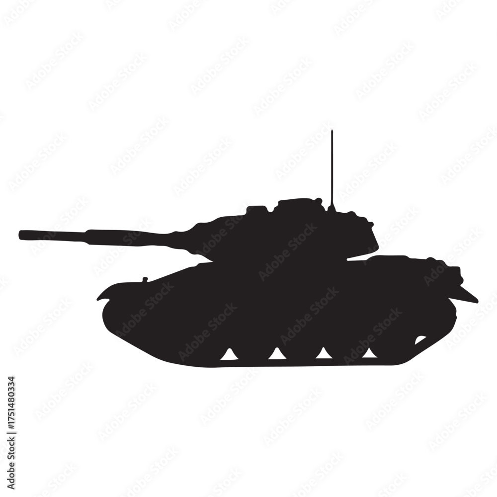 Fototapeta premium Black silhouette of a battle tank against white background for military and defense related themes illustrations design concept armed vehicle