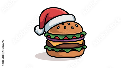 Tall cheeseburger with onion and lettuce wearing a Santa hat