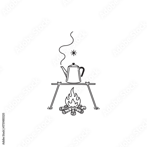 Minimalist Line Art Illustration of a Kettle Boiling Over an Outdoor Campfire Setup