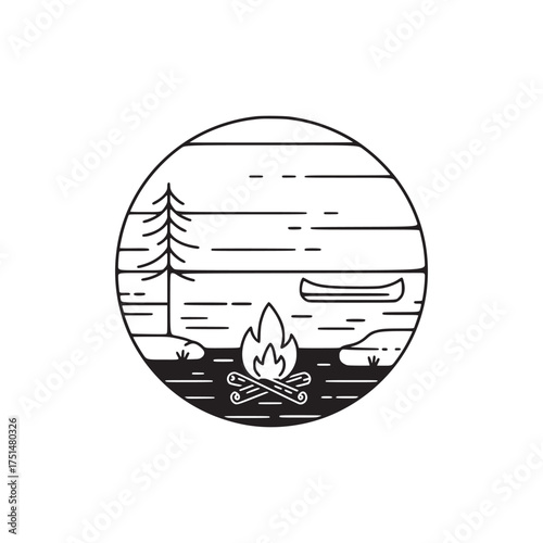 Minimalist Monoline Outdoor Scene with Campfire, Lake, Canoe, and Pine Tree