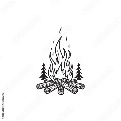 Rustic Hand-Drawn Campfire with Burning Logs and Evergreen Pine Trees