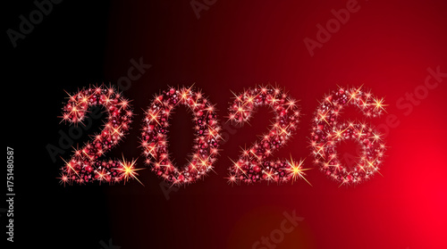 Glowing 2026 made of sparkles with dark red gradient background