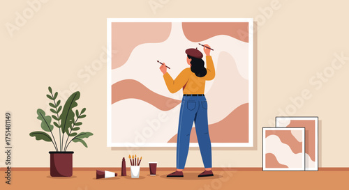 Artist Painting Abstract Artwork in Studio with Brushes and Paints